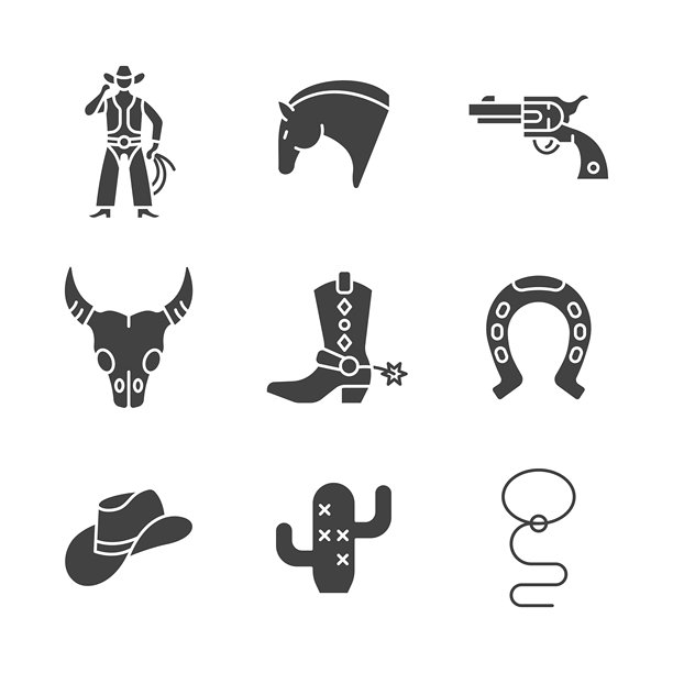 牛仔图标集。西部荒野系列，包括马、枪、牛头骨、牛仔靴、马蹄铁、帽子。矢量插图。图片下载
