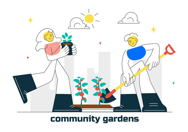 社区花园矢量插图，展示人们在城镇公共农场享受时光，同时照顾植物，体现环保理念。图片下载