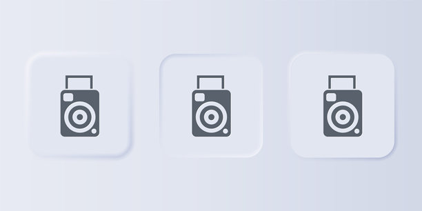 灰色相机图标，背景为灰色。照片相机图标。方形按钮中的图标集合。矢量图。图片下载