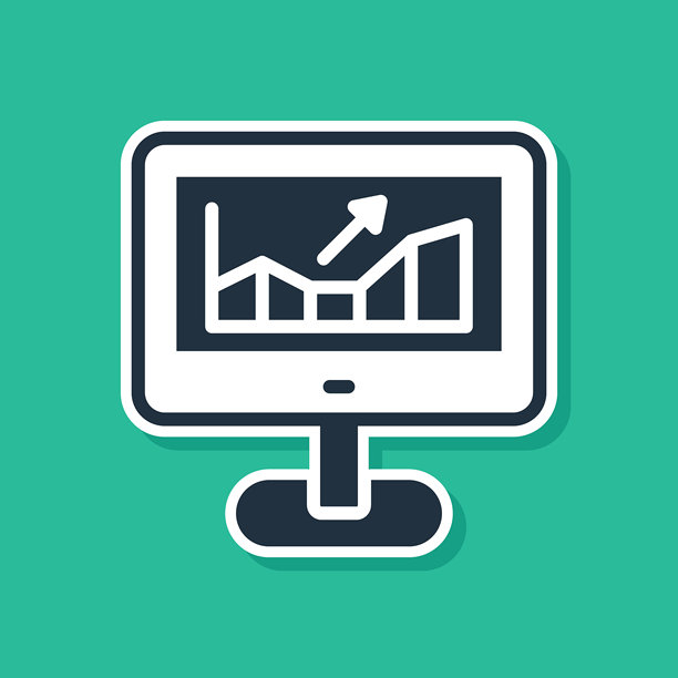 蓝色电脑上显示股票市场增长图表和货币图标，背景为绿色。屏幕上有股票图表箭头的显示器。矢量图。图片下载