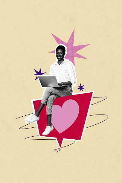 快乐的美国女孩坐在心形通知的笔记本电脑前，进行社交媒体博客创作，背景为涂鸦风格的画面，呈现出竖版照片拼贴效果。图片下载