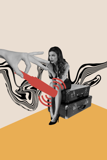 年轻女性商业企业家坐在行李旁，感到压力，恳求的姿态，背景为手绘风景的垂直海报拼贴。图片下载