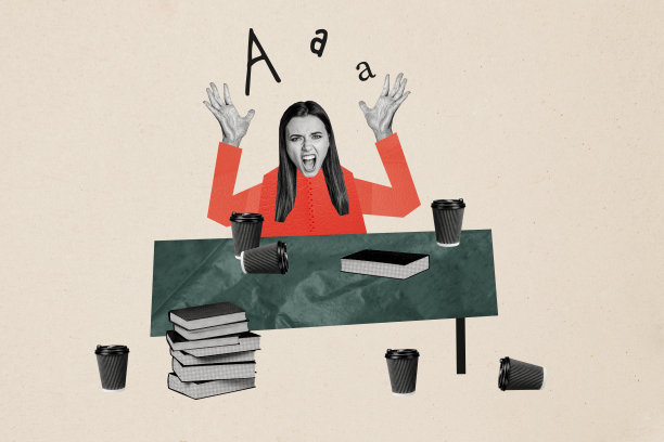 愤怒的女商人在工作压力、截止日期、办公室混乱中，手握咖啡杯和书籍，孤立在涂鸦背景上，拼贴照片合集。图片下载