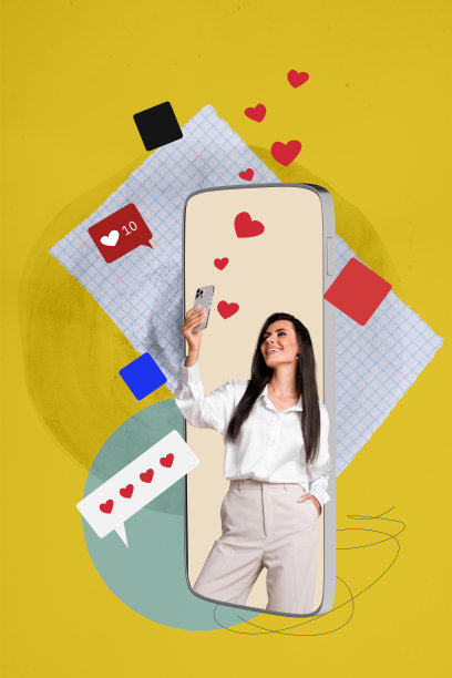 快乐女孩博主手持手机，收到点赞心形通知，垂直照片拼贴，背景为彩绘图案。图片下载