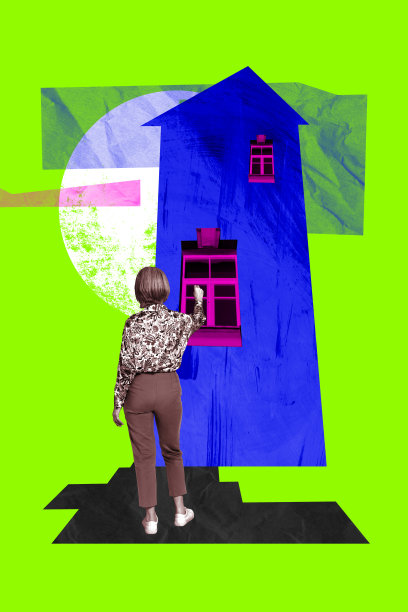 垂直照片拼贴，匿名女孩背对着新建筑的窗户，房地产经纪人独立于涂鸦背景。图片下载