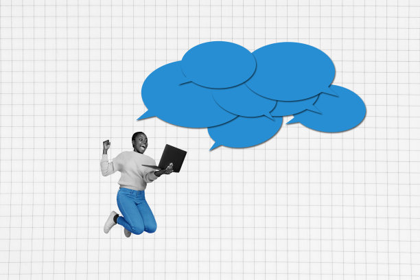 兴奋的美国女孩跳跃着，手持MacBook设备，文本框对应概念的合成照片拼贴，背景为涂鸦风格。图片下载