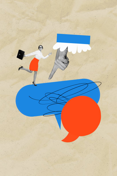 3D照片拼贴模板趋势艺术作品草图，巨大的手指指向微笑奔跑的年轻女商人，云朵思维笔记评论气泡文本图片下载