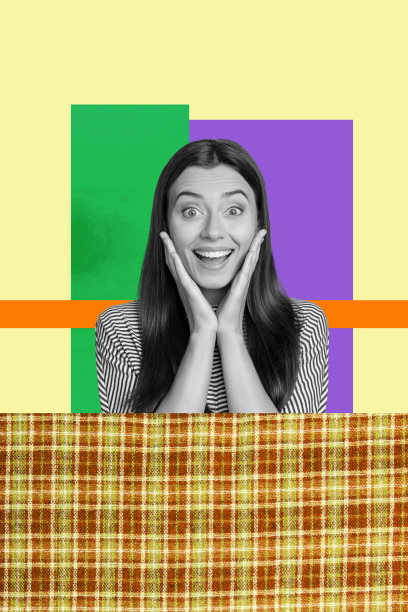 艺术图像，垂直照片拼贴，快乐漂亮可爱的女孩肖像，棕色头发，穿着休闲T恤，甜美梦境图片下载