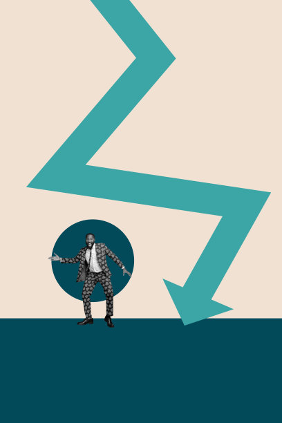 设计杂志 3D 海报图像照片拼贴，展示一位缺乏经验的女商人和男商人站在箭头前，象征经济衰退危机。图片下载