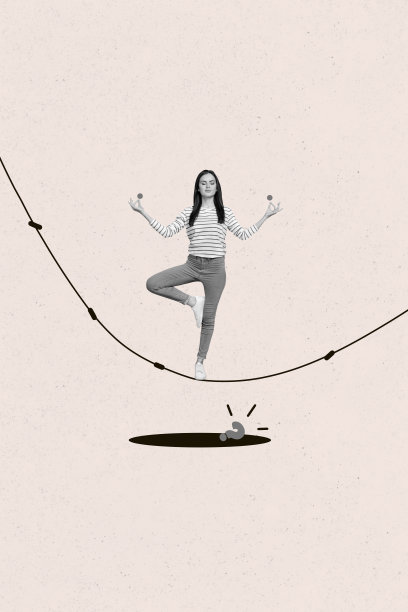 趋势艺术作品复合横幅 3D 照片拼贴，年轻女士在平衡绳上站立，克服逃脱挑战和障碍，留白空间图片下载