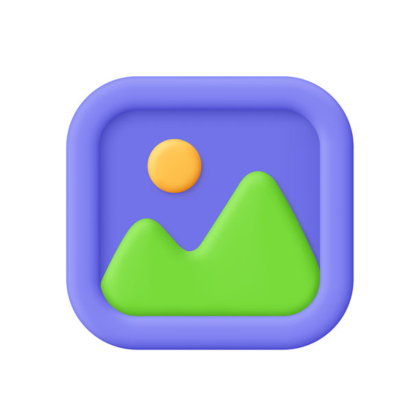 图像符号。照片或jpg图库文件。山脉和太阳的风景。3D矢量图标。卡通简约风格。图片下载