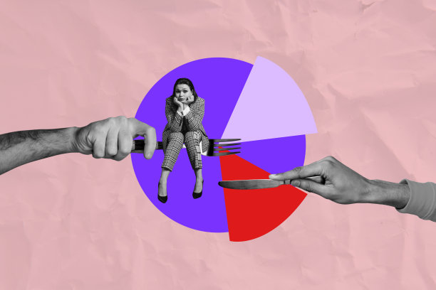 时尚艺术创意全景照片拼贴，展示快乐的女商人和男商人坐在图表发展机会职业的场景。图片下载