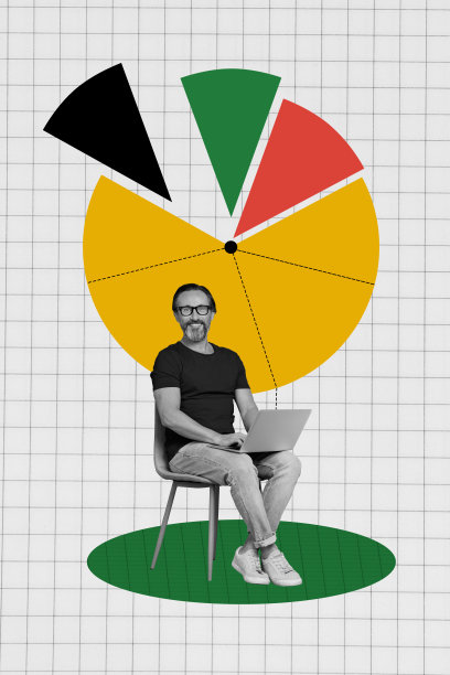 聪明的戴眼镜男子坐在笔记本电脑前分析金融市场的垂直创意拼贴照片，背景为涂鸦风格。图片下载