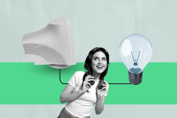 趋势复合模板 3D 照片拼贴，展示虚拟复古科技，在线电脑显示器，年轻女士佩戴耳机，微笑，灵感灯泡图片下载
