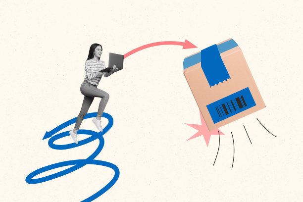 年轻女性在工作时的拼贴艺术照片，手绘草图，旁边有箭头涂鸦、包裹盒、购物、卖家、顾客和邮递送达的元素。图片下载