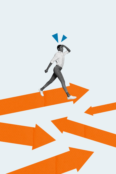 快乐的美国女孩走在推广箭头上，垂直照片拼贴，发展概念方向指示器，背景为涂鸦风格图片下载