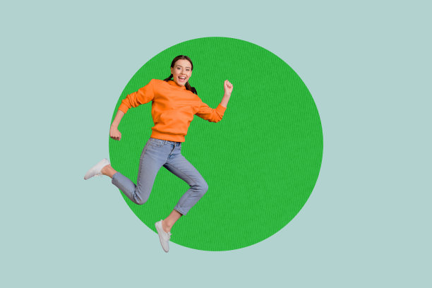 全3D海报艺术照片拼贴，快乐的女商人和男商人奔跑在几何图形中，展示职业发展和进步统计数据。图片下载