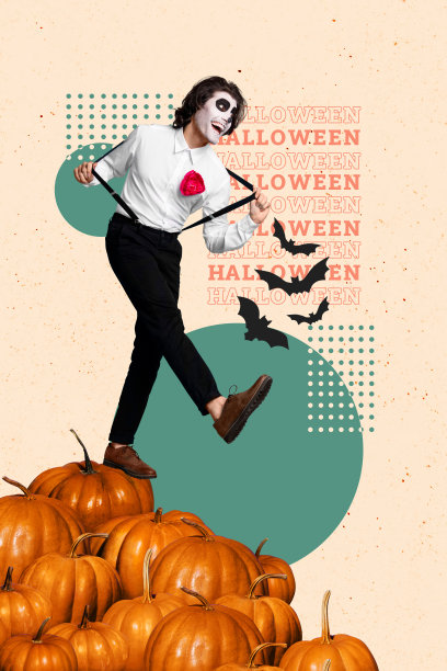 快乐的骑士男士在万圣节派对上跳舞的竖版照片拼贴，背景上有蝙蝠、南瓜和恐怖装饰。图片下载