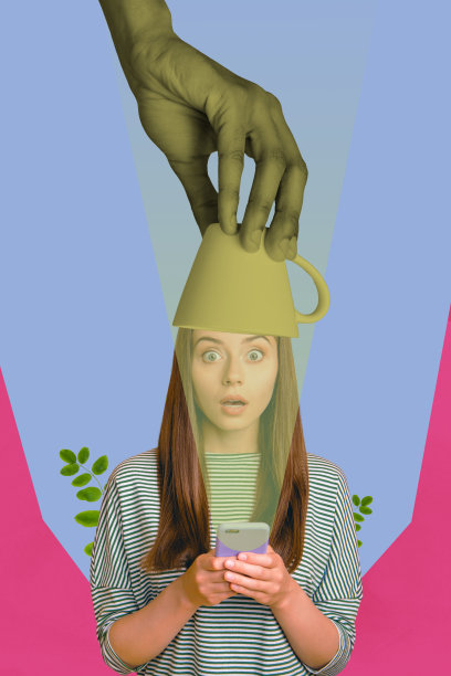 海报图像：垂直照片拼贴，快乐的女孩和男孩手持咖啡杯，享用草药茶饮，享受清晨的幸福时光，卡布奇诺。图片下载