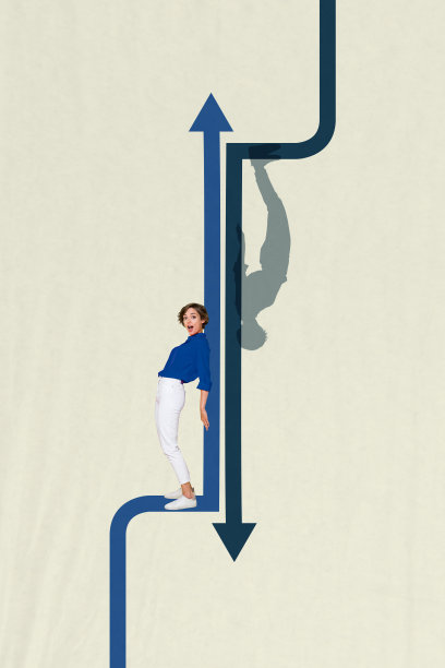 年轻女士震惊地站着，手持箭头指向不同方向，创意照片拼贴艺术，目标交易者图形统计图表图片下载