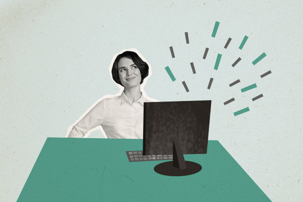 剪影年轻女性办公室经理的合成艺术作品草图，快乐微笑，心情愉快，桌子上有笔记本电脑和键盘的照片拼贴。图片下载