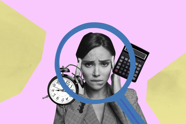 杂志风格的图像横幅，3D照片拼贴，快乐的男商人和女商人站在放大镜下，寻找空缺，计算器和时钟。图片下载