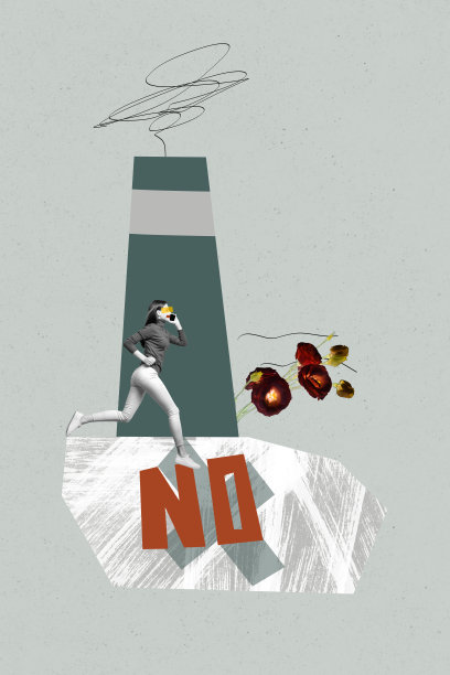 年轻女士在电话工厂奔跑的3D照片拼贴设计趋势草图，展示了生态地球、无污染、保护和责任。图片下载