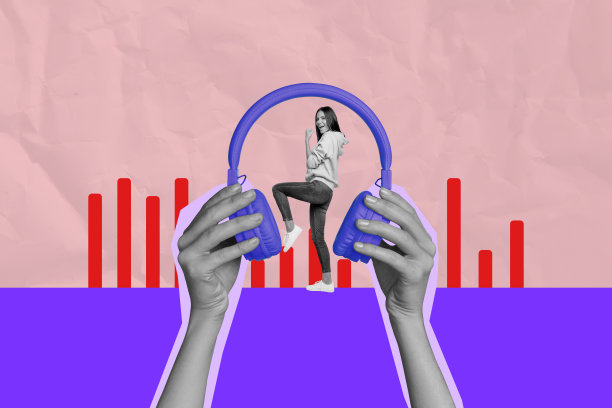 快乐女孩和男孩在舞会上手持耳机跳舞的全3D艺术横幅照片拼贴，庆祝节日场合。图片下载