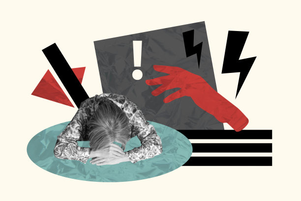 沮丧女孩低头捂脸，表现出压力、虐待、骚扰和抑郁的概念，合成照片拼贴，背景为涂鸦风格。图片下载