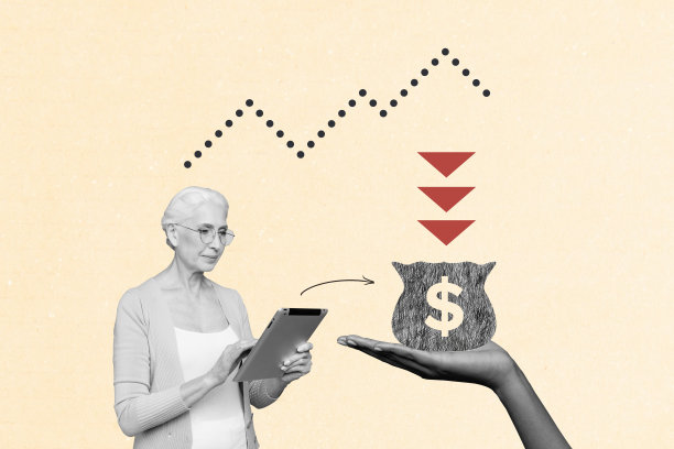 严肃的老年女性在冲浪电子书阅读器，自由职业者收入美元货币图表进展的合成照片拼贴，背景为涂鸦风格。图片下载