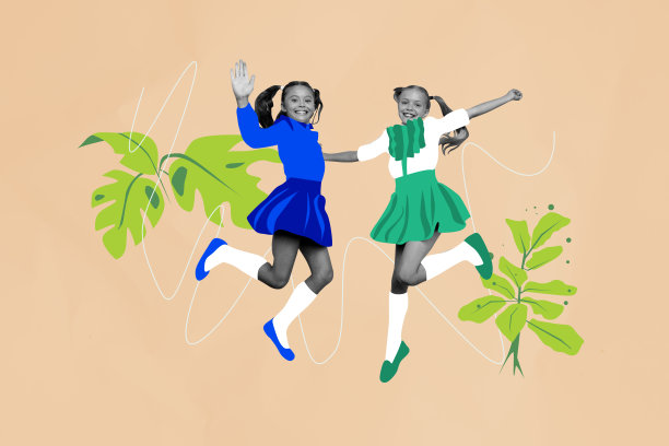 快乐的两位女学生在涂鸦背景下跳跃，组成的照片拼贴，展示了同学们的教育生活，手中拿着树叶和树枝。图片下载