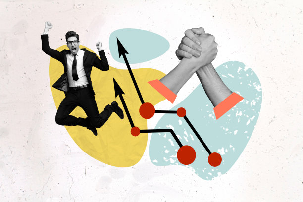 创意拼贴照片，年轻商人握手，团结合作，庆祝成功交易，积极经济进步与增长图片下载