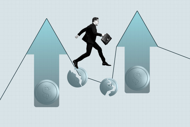 年轻男子的草图模板设计，照片拼贴，表现出向上奔跑的箭头、破碎的硬币，投资者、金融、经济下滑、商业减少和存款。图片下载