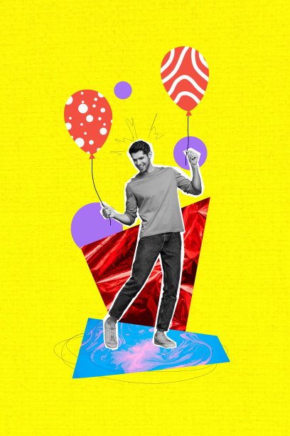 快乐男孩手持气球绳的竖版照片拼贴，色彩缤纷的生日庆祝节日惊喜，背景为涂鸦风格。图片下载