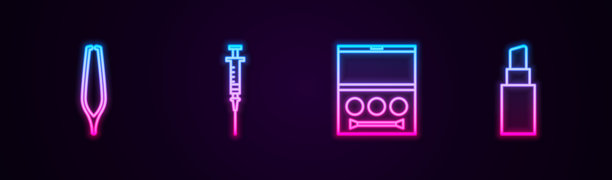 眉毛镊子、注射器、眼影盘和口红的组合。发光的霓虹图标。矢量图。图片下载