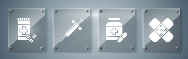 交叉绷带胶带、药瓶和药丸、注射器以及药瓶和药丸。方形玻璃面板。矢量图。图片下载