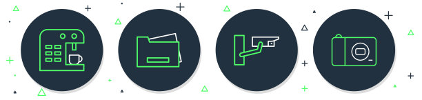 设置线条打印机、安全摄像头、咖啡机和照片图标。矢量图。图片下载