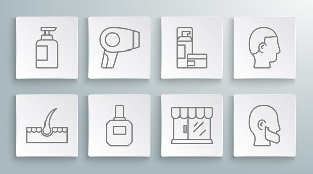 人发毛囊、吹风机、须后水、理发店建筑、胡须和胡子、剃须泡沫、男士发型和洗发水瓶图标。矢量图。图片下载