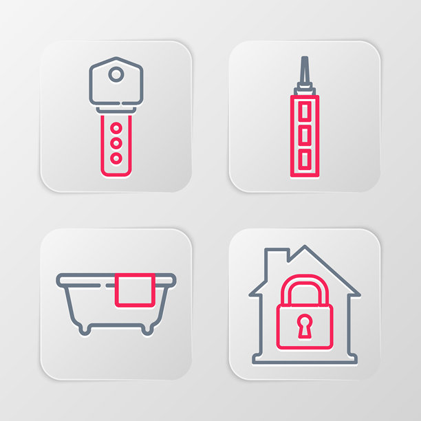 设置线条房屋保护图标，浴缸，摩天大楼和钥匙图标。矢量图。图片下载