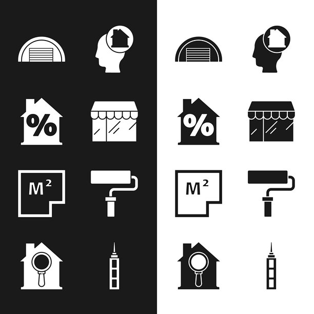 市场商店，带有折扣的房屋，车库，梦想购买房子的男人，计划，油漆滚筒刷，摩天大楼和搜索图标。矢量图。图片下载