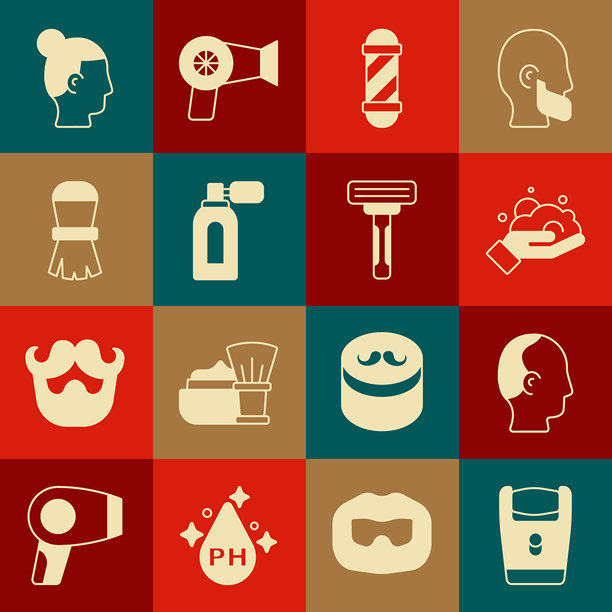 电动剃须刀刀片、秃头、手上的剃须泡沫、经典理发店旋转柱、带喷雾器的须后水、刷子、男士发型和图标。矢量图。图片下载
