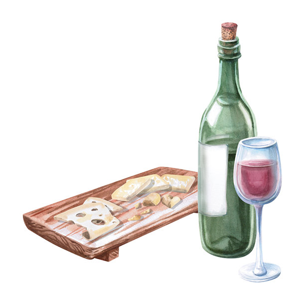 木制托盘上摆放着不同种类的奶酪和一瓶红酒。孤立的水彩插图，采用现实主义风格，适用于餐厅菜单设计、酒吧室内装潢和纺织印刷。图片下载
