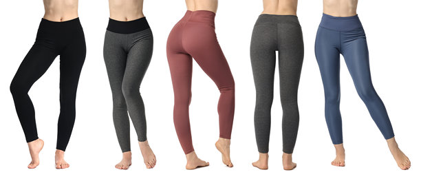 女性在白色背景下穿着不同瑜伽裤摆姿势，特写。照片拼贴。图片下载