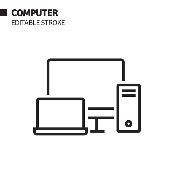 计算机线图标，轮廓向量符号插图。完美像素，可编辑的描边。图片下载