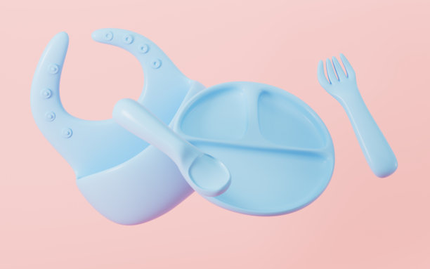 卡通婴儿辅食餐具，3D渲染。图片下载