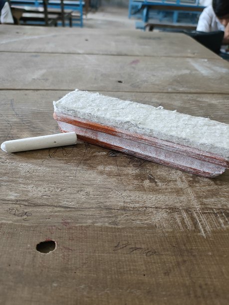 教室里木桌上的白色粉笔和黑板擦特写照片，位于印度的一所学校。图片下载