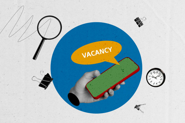 办公室工作空间的综合趋势艺术草图，展示一只大手握着手机，寻找空缺候选人，放大镜和时钟。图片下载