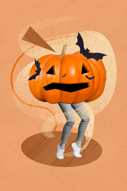 万圣节海报的复合趋势艺术作品，3D草图照片拼贴，快乐的南瓜身体表情符号，悲伤的人类腿部行走，适合鬼怪季节派对。图片下载