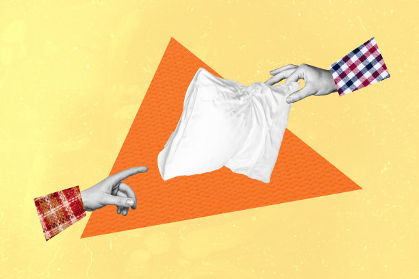 人们的手握着舒适柔软的枕头，床上打闹的睡衣派对概念拼贴照片，背景为涂鸦风格。图片下载