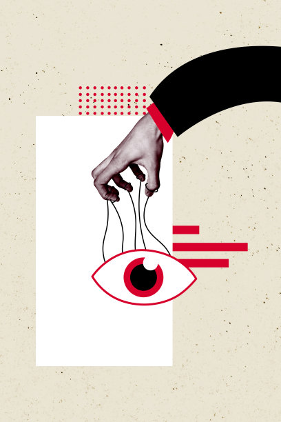 垂直照片拼贴，手控人眼木偶运动，手掌控者独裁者间谍监督，背景为涂鸦风格。图片下载